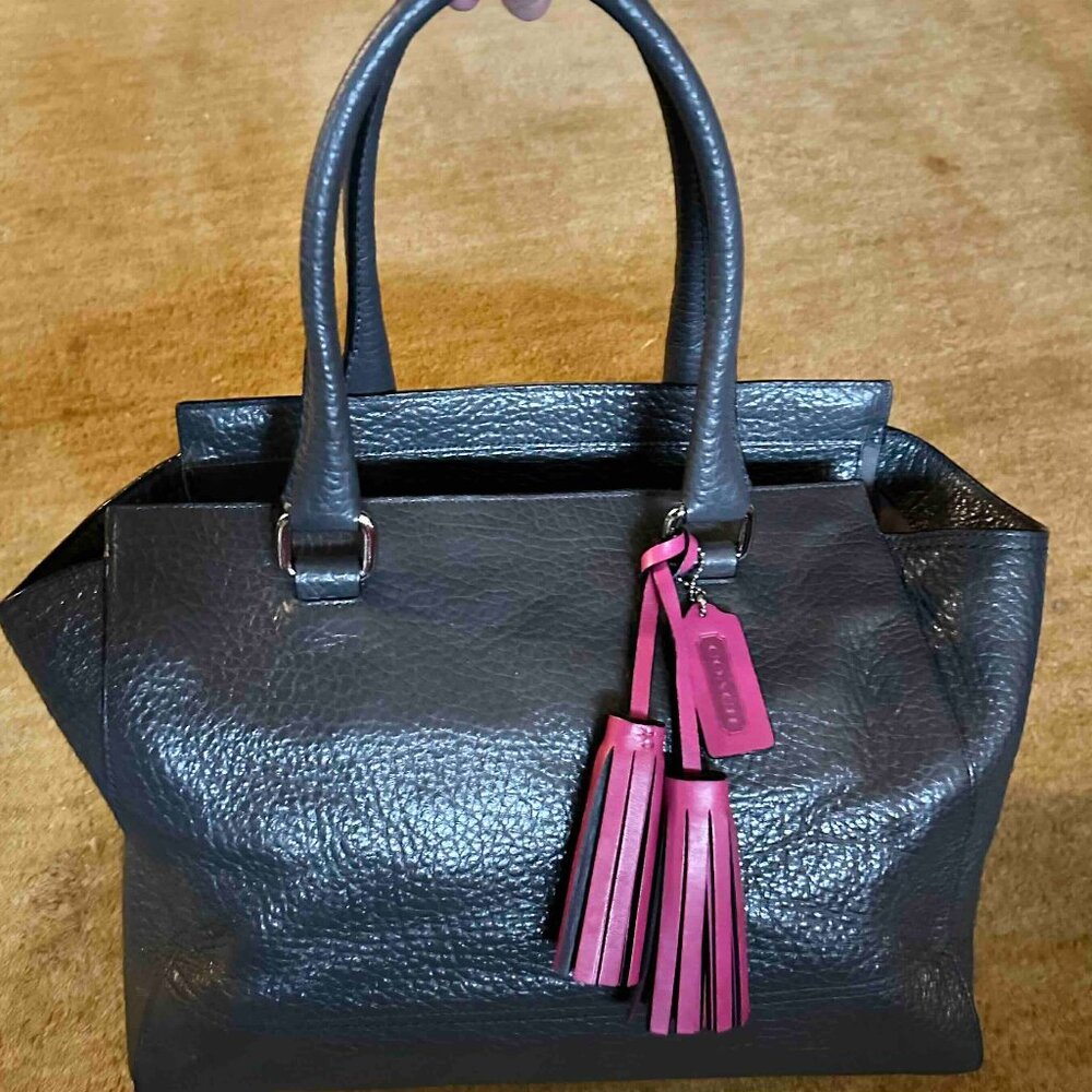 Coach Black Leather Satchel with Pink Tassel